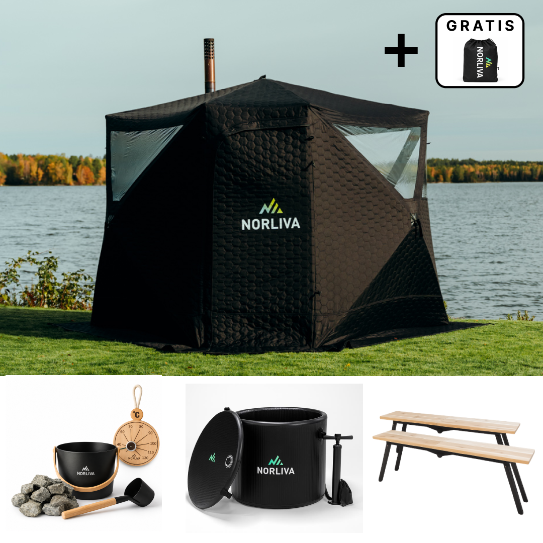 Set: Saunazelt Dalen 3.0 + Ofen + Sauna-Zubehör + Bänke + Eistonne