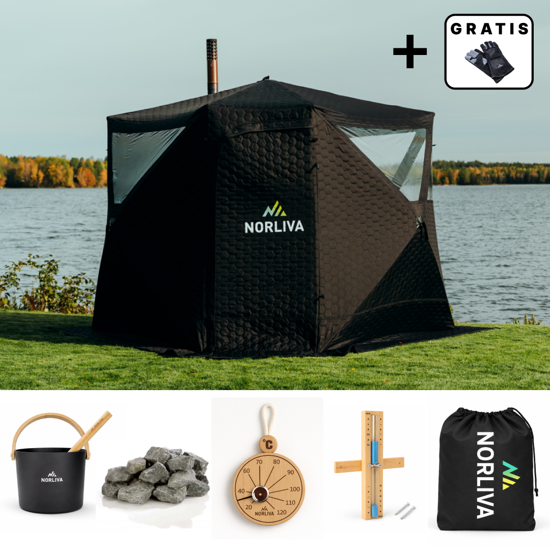 Set: Saunazelt Dalen 3.0 + Ofen + Sauna-Zubehör + Regenschutz