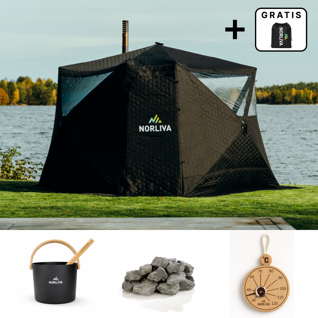Set: Saunazelt Fjorden + Ofen + Sauna-Zubehör