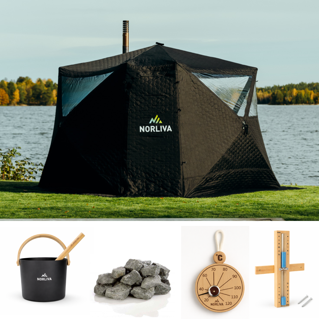 Set: Saunazelt Fjorden + Ofen + Sauna-Zubehör