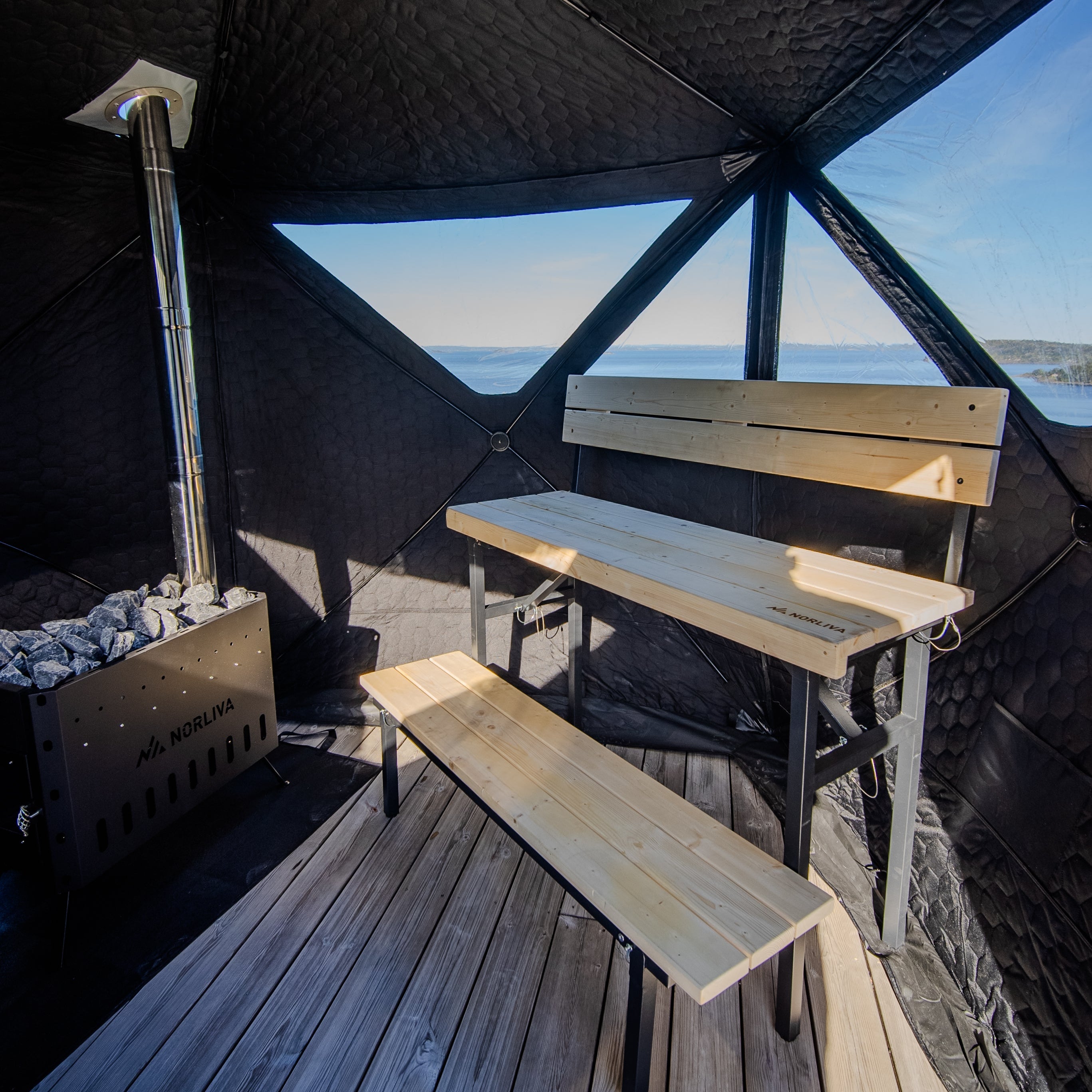 Set: Saunazelt Dalen 3.0 + Ofen + Sauna-Zubehör + Regenschutz + zweistufige Bank