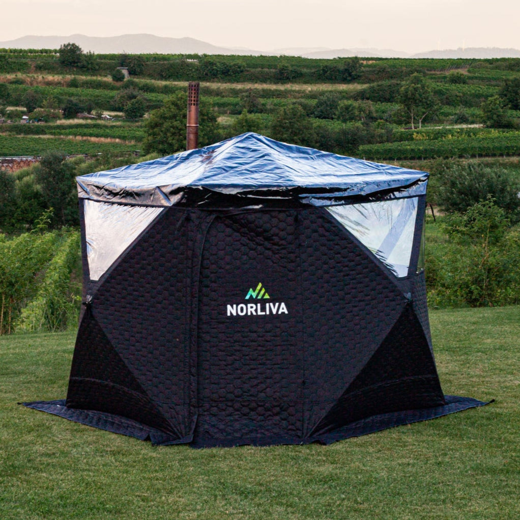 Set: Saunazelt Dalen + Ofen + Regenschutz + Eistonne