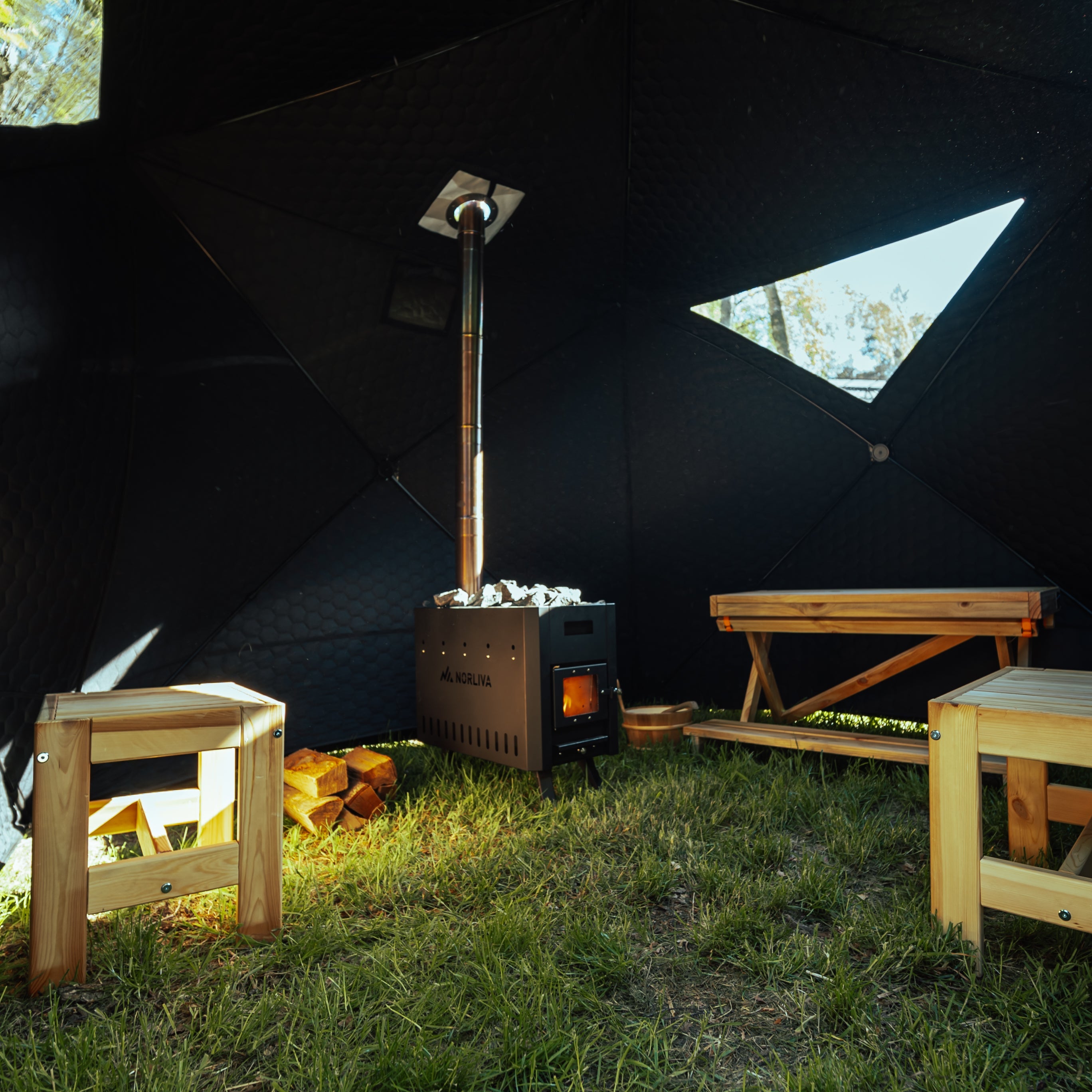 Set: Saunazelt Fjorden + Ofen + Sauna-Zubehör + Eistonne