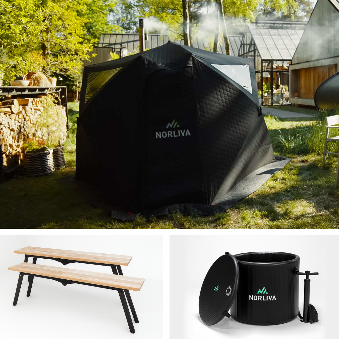 Set: Saunazelt Dalen + Ofen + Bänke + Eistonne