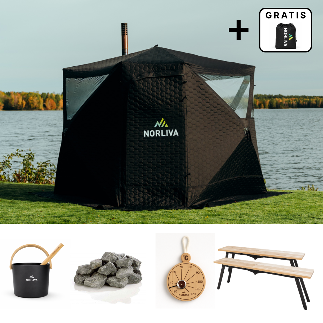 Set: Saunazelt Dalen 3.0 + Ofen + Sauna-Zubehör + Bänke