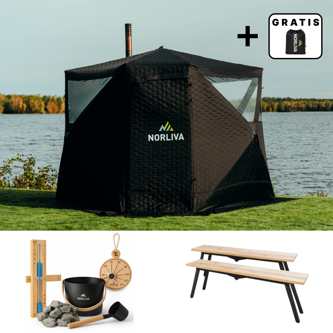 Set: Saunazelt Dalen 3.0 + Ofen + Sauna-Zubehör + Bänke