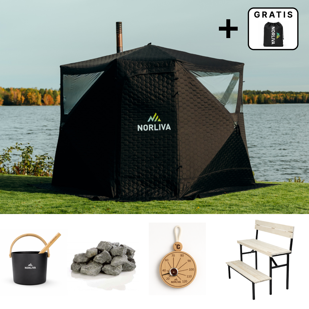 Set: Saunazelt Dalen 3.0 + Ofen + Sauna-Zubehör + zweistufige Bank