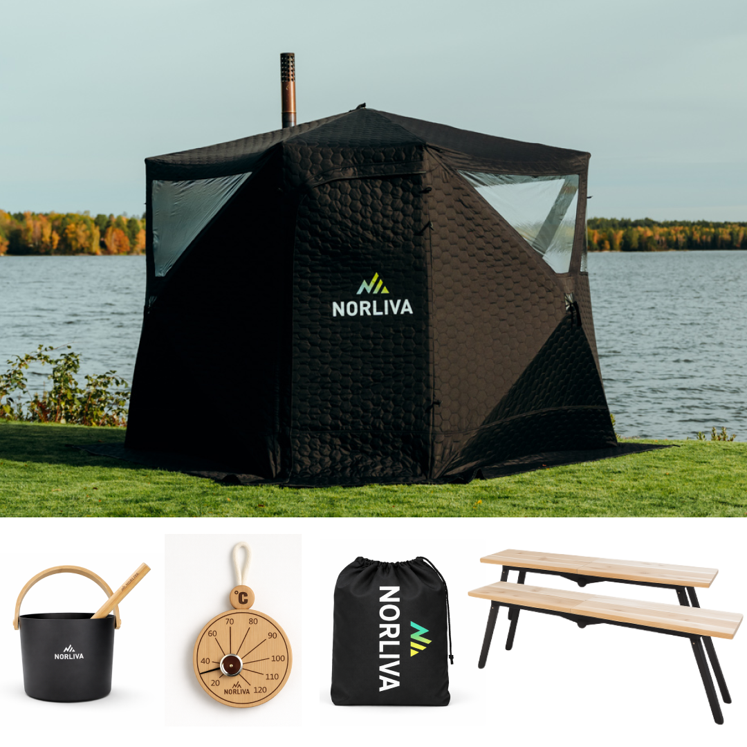 Set: Saunazelt Dalen 3.0 + Ofen + Sauna-Zubehör + Regenschutz + Bänke