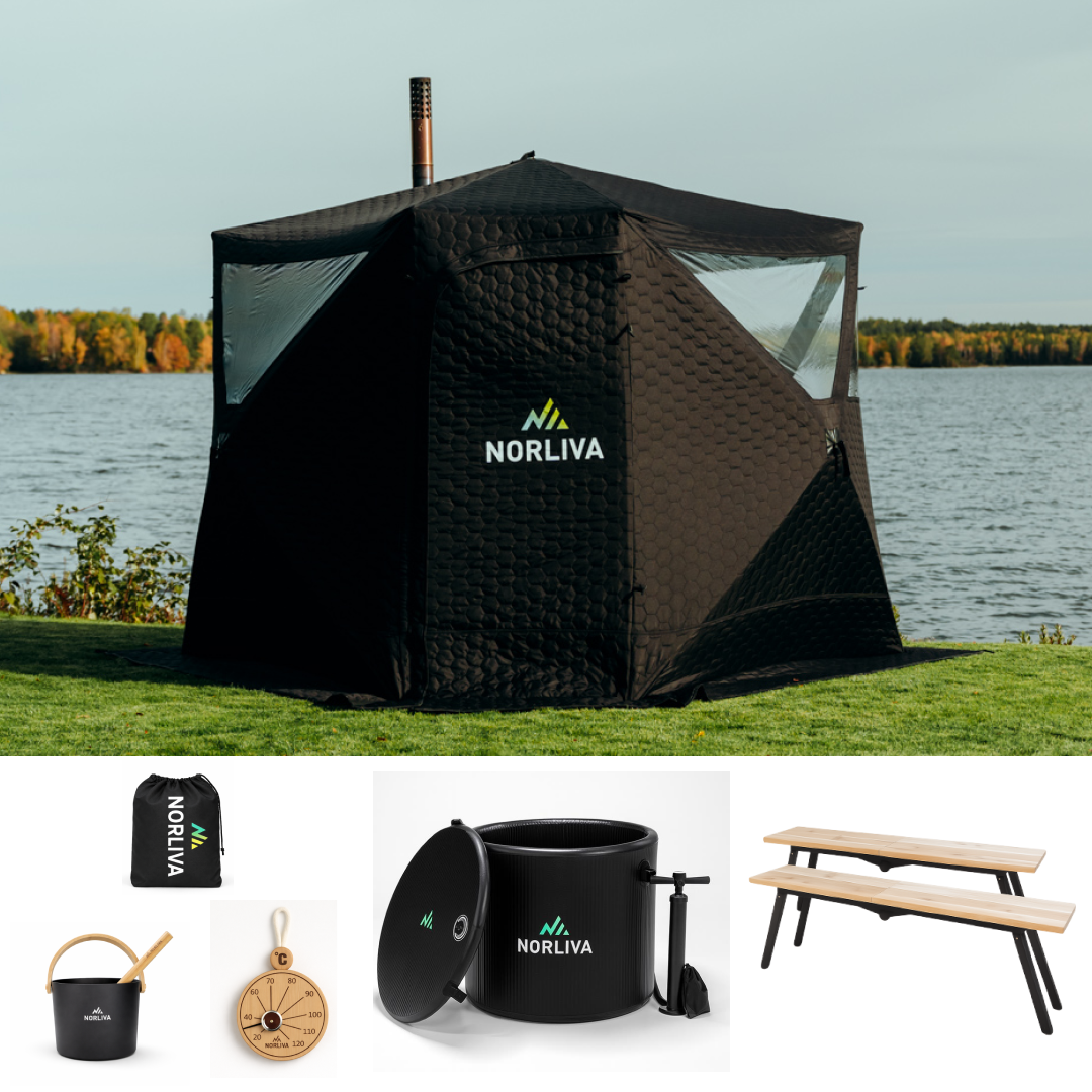 Set: Saunazelt Dalen 3.0 + Ofen + Sauna-Zubehör + Regenschutz + Bänke + Eistonne