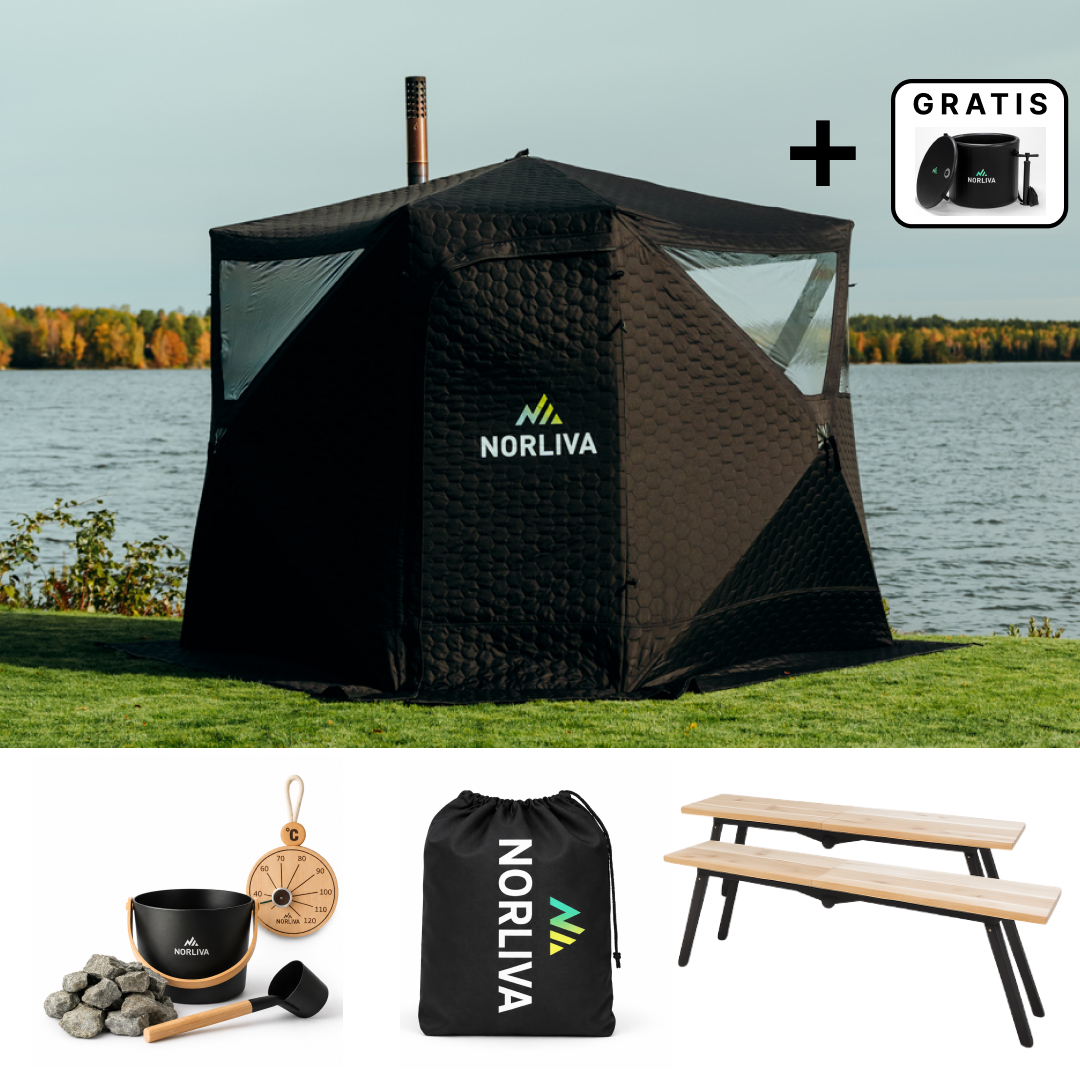 Set: Saunazelt Dalen 3.0 + Ofen + Sauna-Zubehör + Regenschutz + Bänke