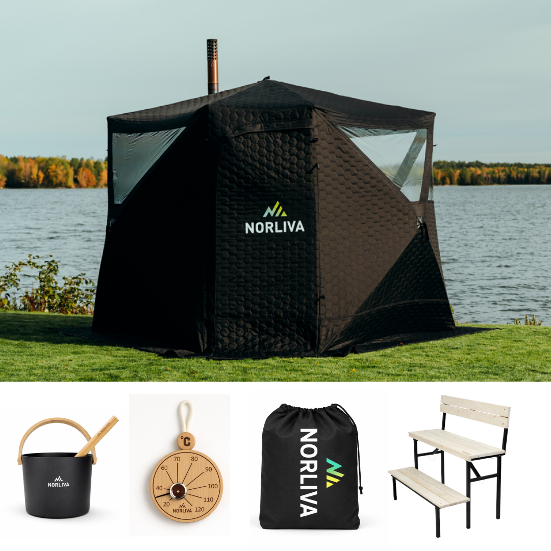 Set: Saunazelt Dalen 3.0 + Ofen + Sauna-Zubehör + Regenschutz + zweistufige Bank