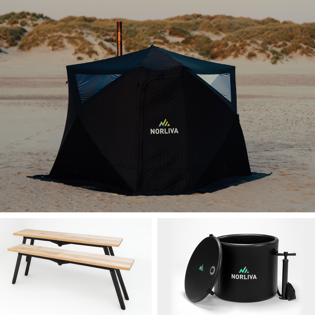 Set: Saunazelt Fjorden + Ofen + Bänke + Eistonne