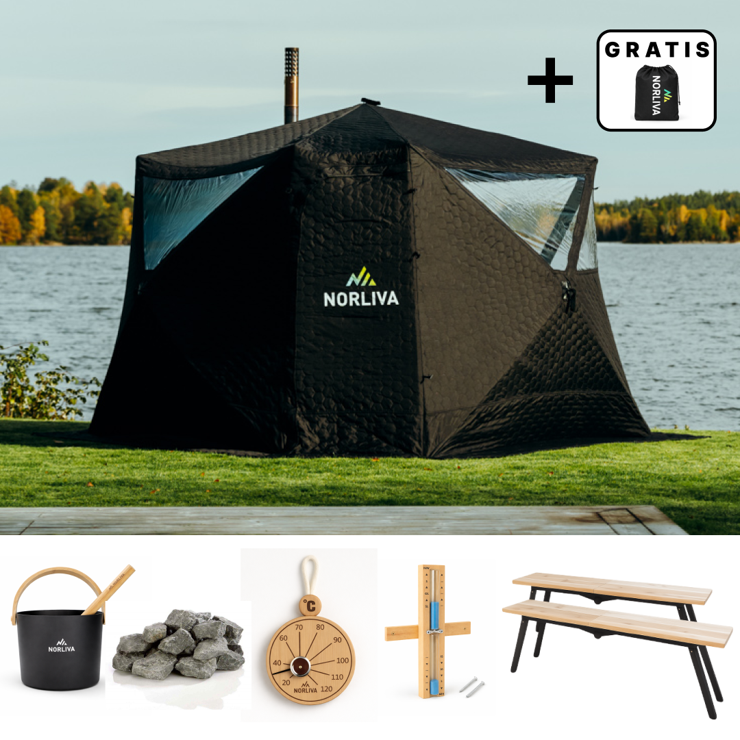 Set: Saunazelt Fjorden + Ofen + Sauna-Zubehör + Bänke