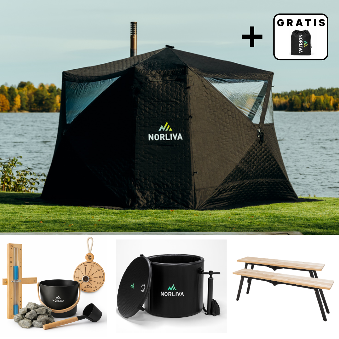 Set: Saunazelt Fjorden + Ofen + Sauna-Zubehör + Bänke + Eistonne
