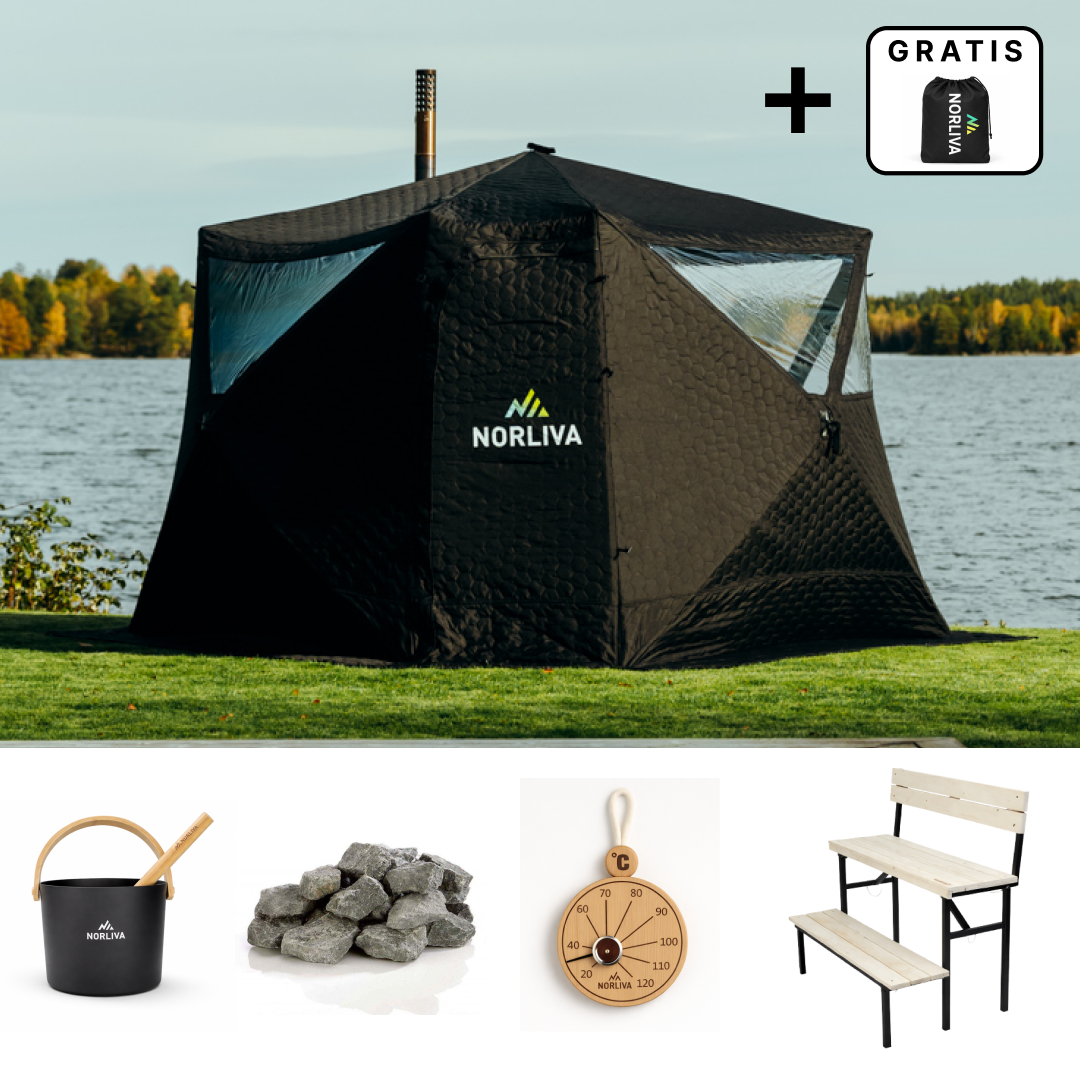 Set: Saunazelt Fjorden + Ofen + Sauna-Zubehör + zweistufige Bank