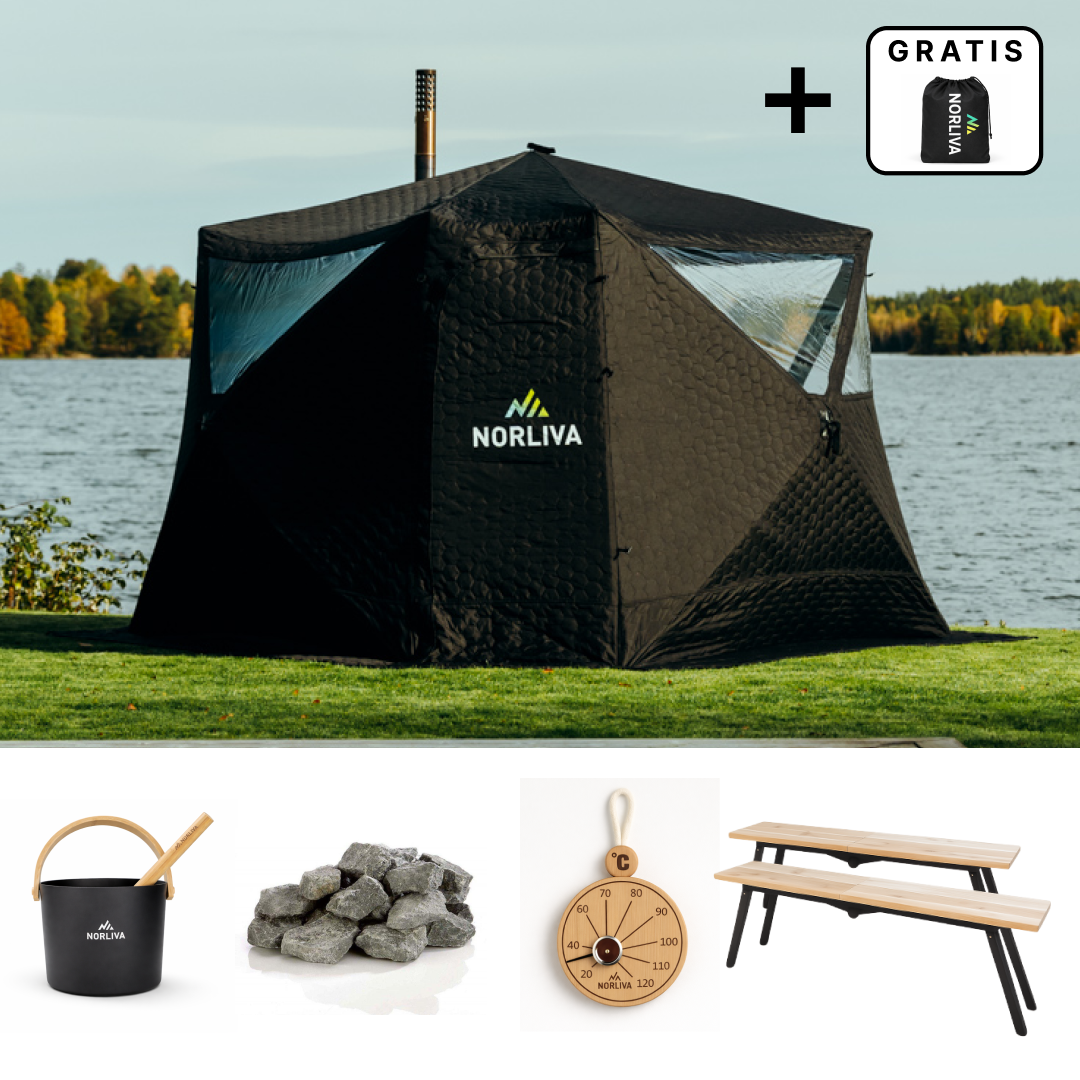 Set: Saunazelt Fjorden + Ofen + Sauna-Zubehör + Bänke