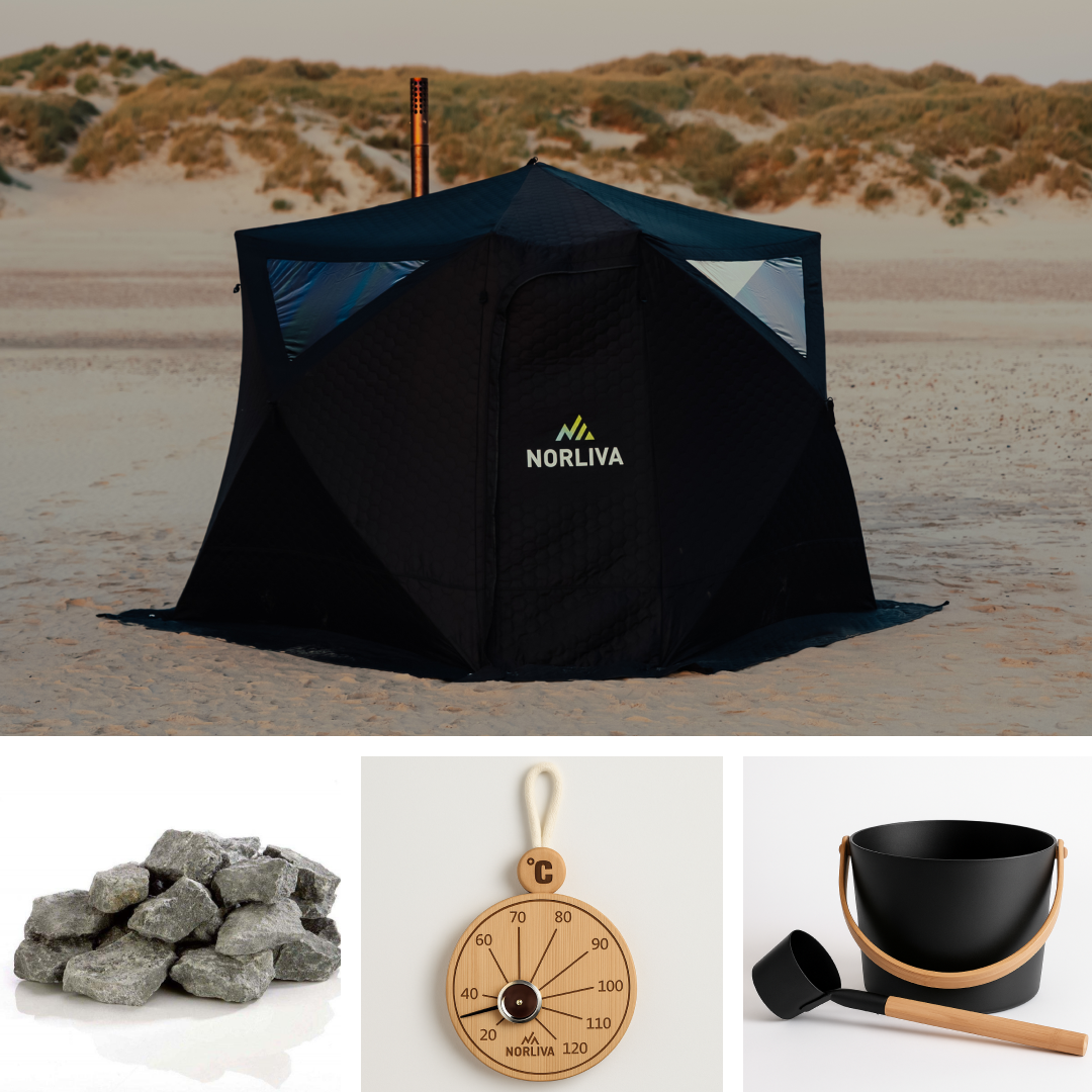 Set: Saunazelt Fjorden + Ofen + Sauna-Zubehör