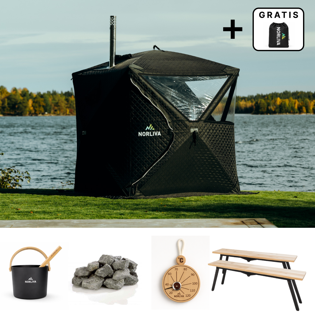 Set: Saunazelt Isen 3.0 + Ofen + Sauna-Zubehör + Bänke