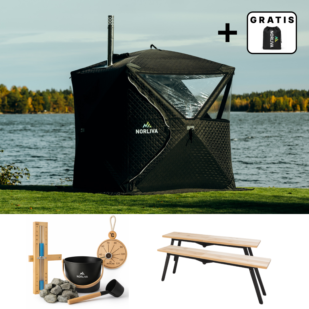 Set: Saunazelt Isen 3.0 + Ofen + Sauna-Zubehör + Bänke