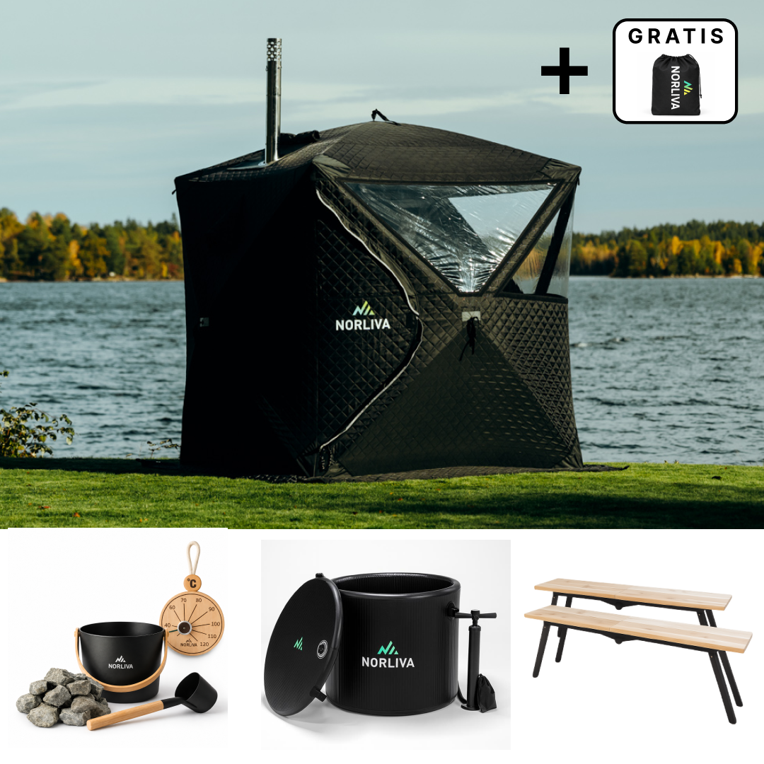 Set: Saunazelt Isen 3.0 + Ofen + Sauna-Zubehör + Bänke + Eistonne
