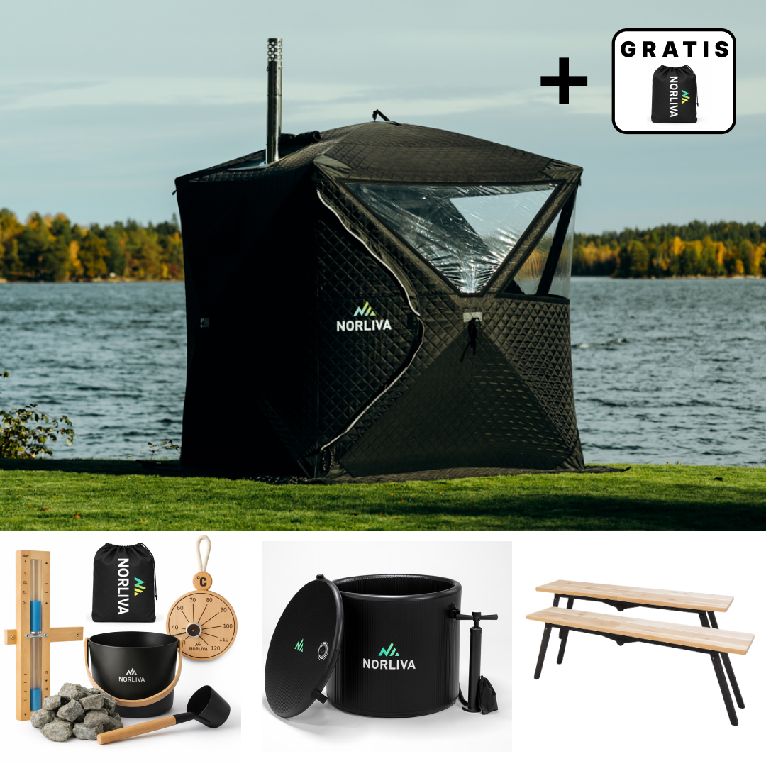 Set: Saunazelt Isen 3.0 + Ofen + Sauna-Zubehör + Bänke + Eistonne
