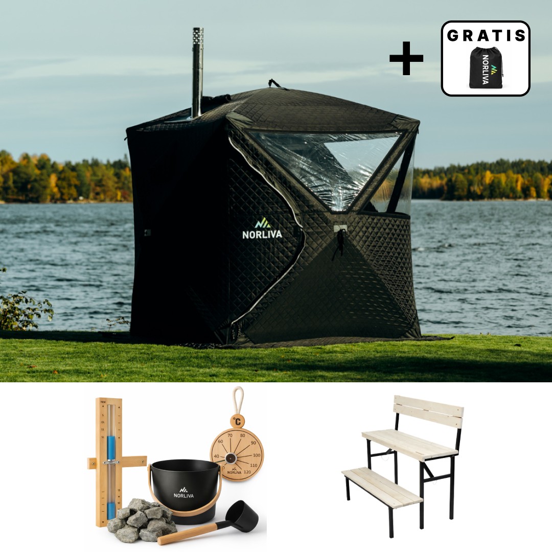 Set: Saunazelt Isen 3.0 + Ofen + Sauna-Zubehör + zweistufige Bank