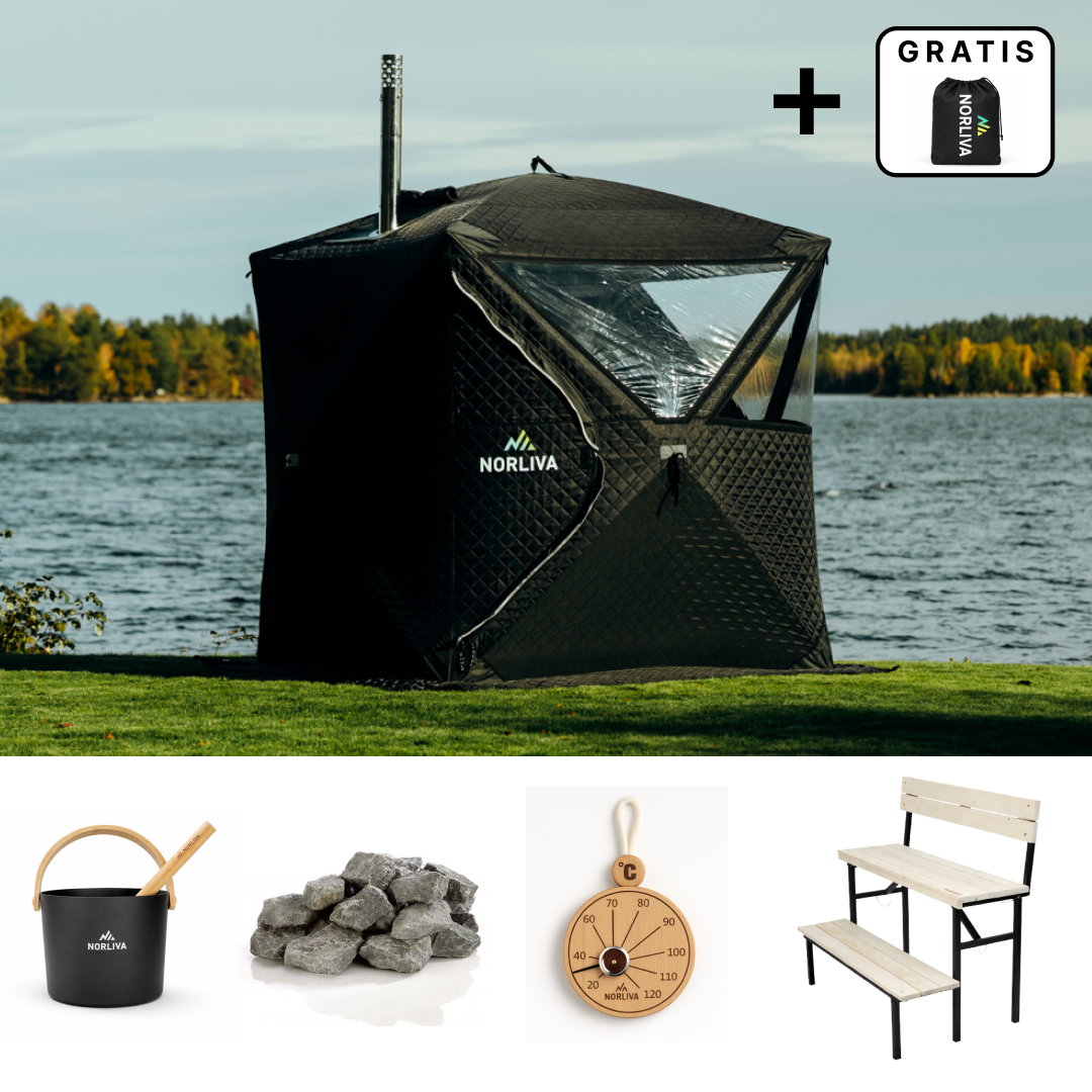 Set: Saunazelt Isen 3.0 + Ofen + Sauna-Zubehör + zweistufige Bank