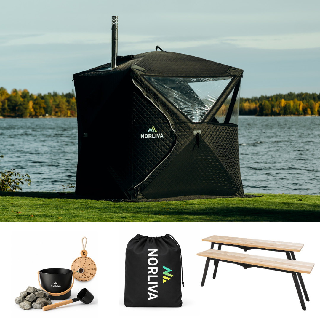 Set: Saunazelt Isen 3.0 + Ofen + Sauna-Zubehör + Regenschutz + Bänke
